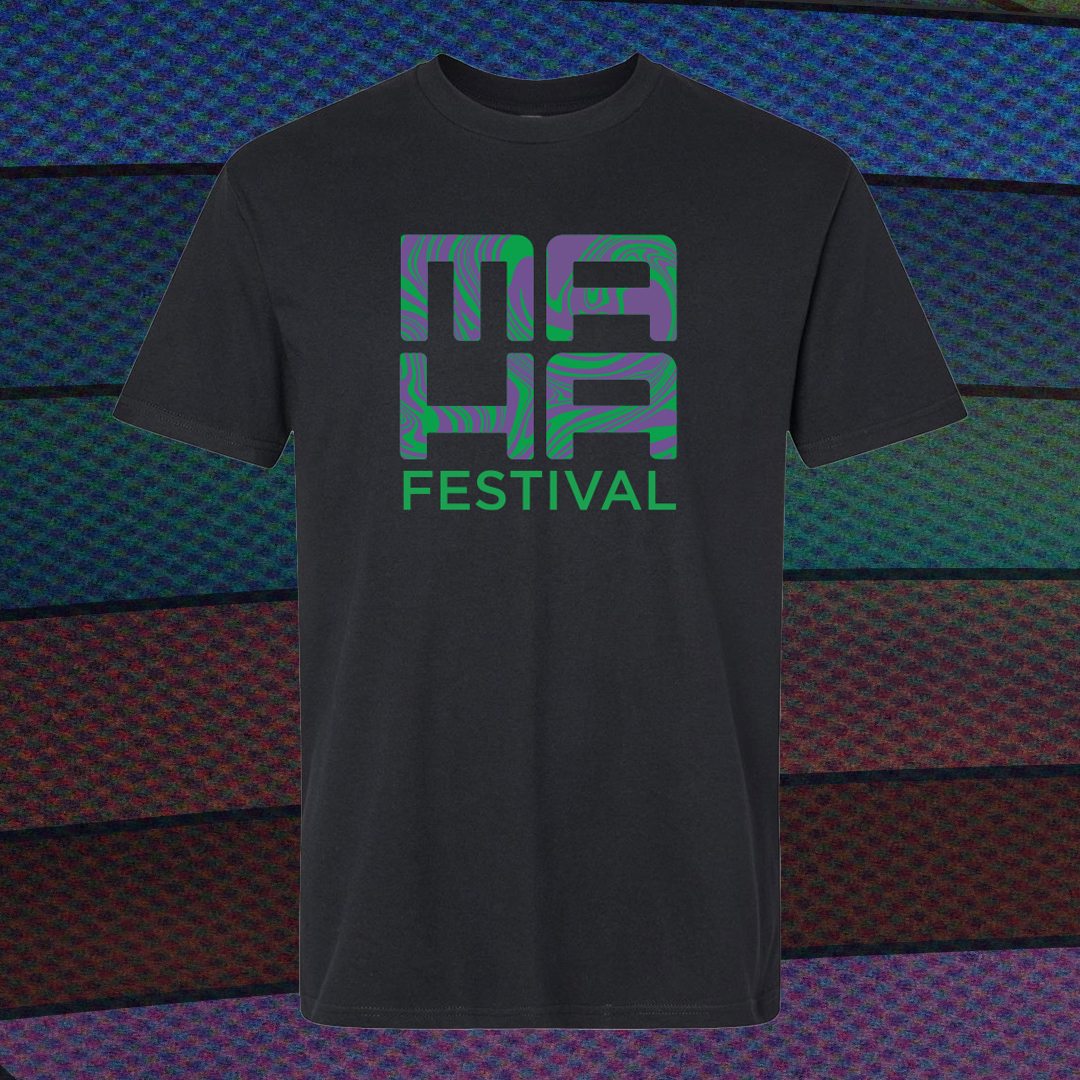 Black T-shirt with Maha Festival Logo with green and purple swirl 
