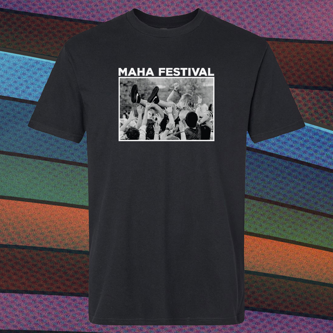 black shirt with black and white crowd surfing image that says "maha festival"