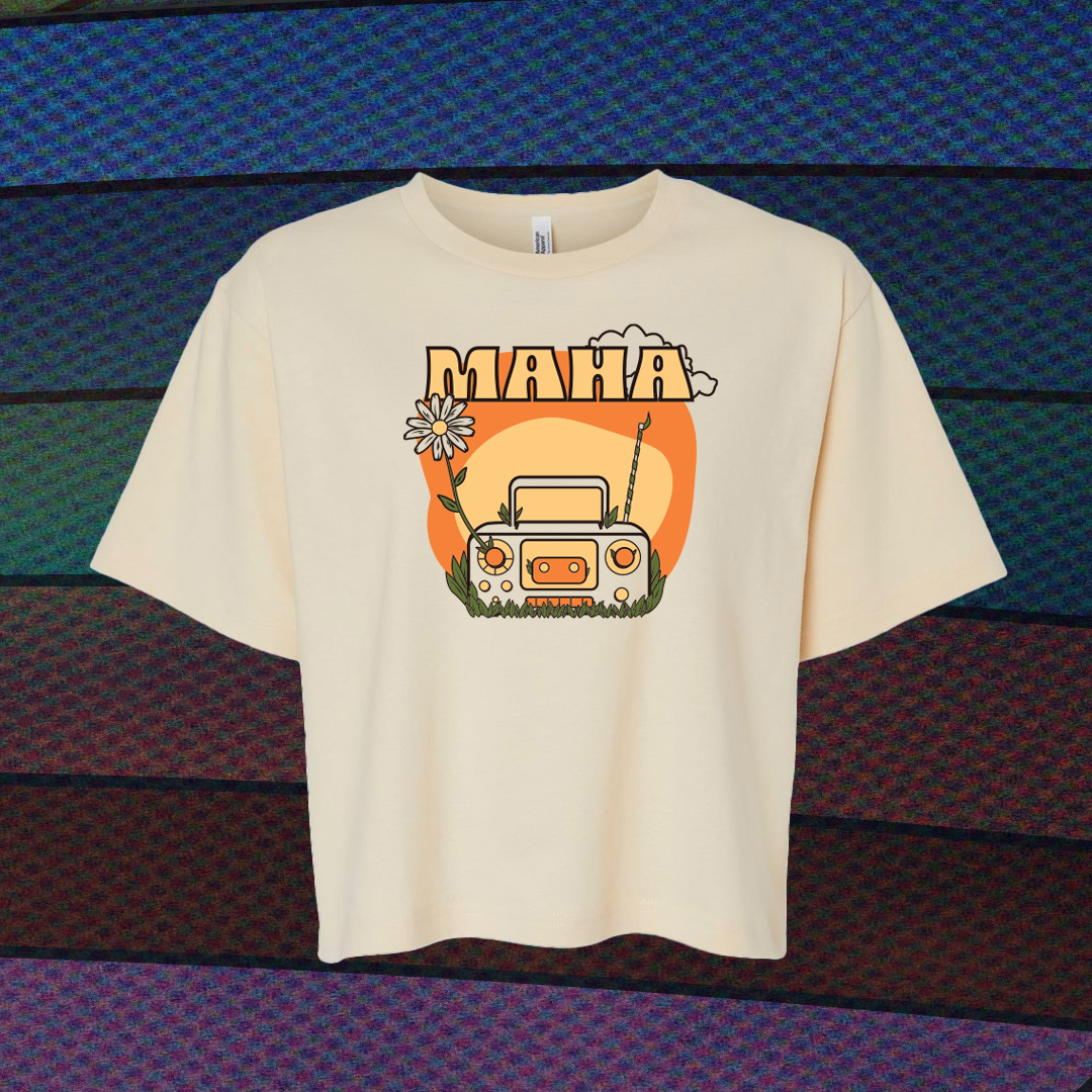 Cropped creme t-shirt with orange and yellow sunset boombox